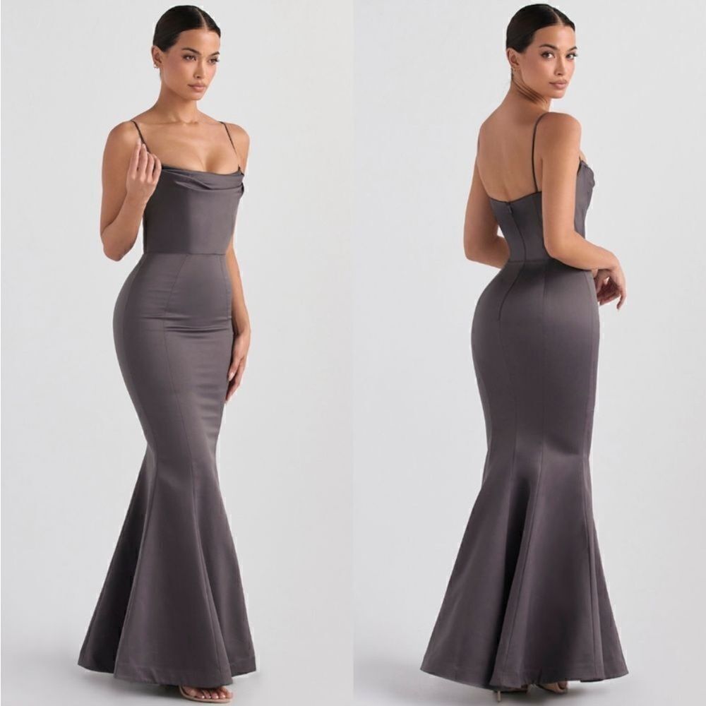 House of CB 'Violette' Shadow Grey Satin Fishtail Maxi Gown $375